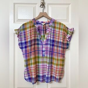Pilcro Women’s 100% Cotton Madras Plaid Deep V Short Sleeve Shirt Large Boho